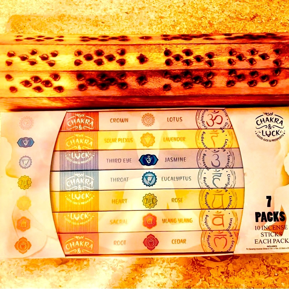 Wooden incense burner box and 7 pk of assorted Incense sticks bundle